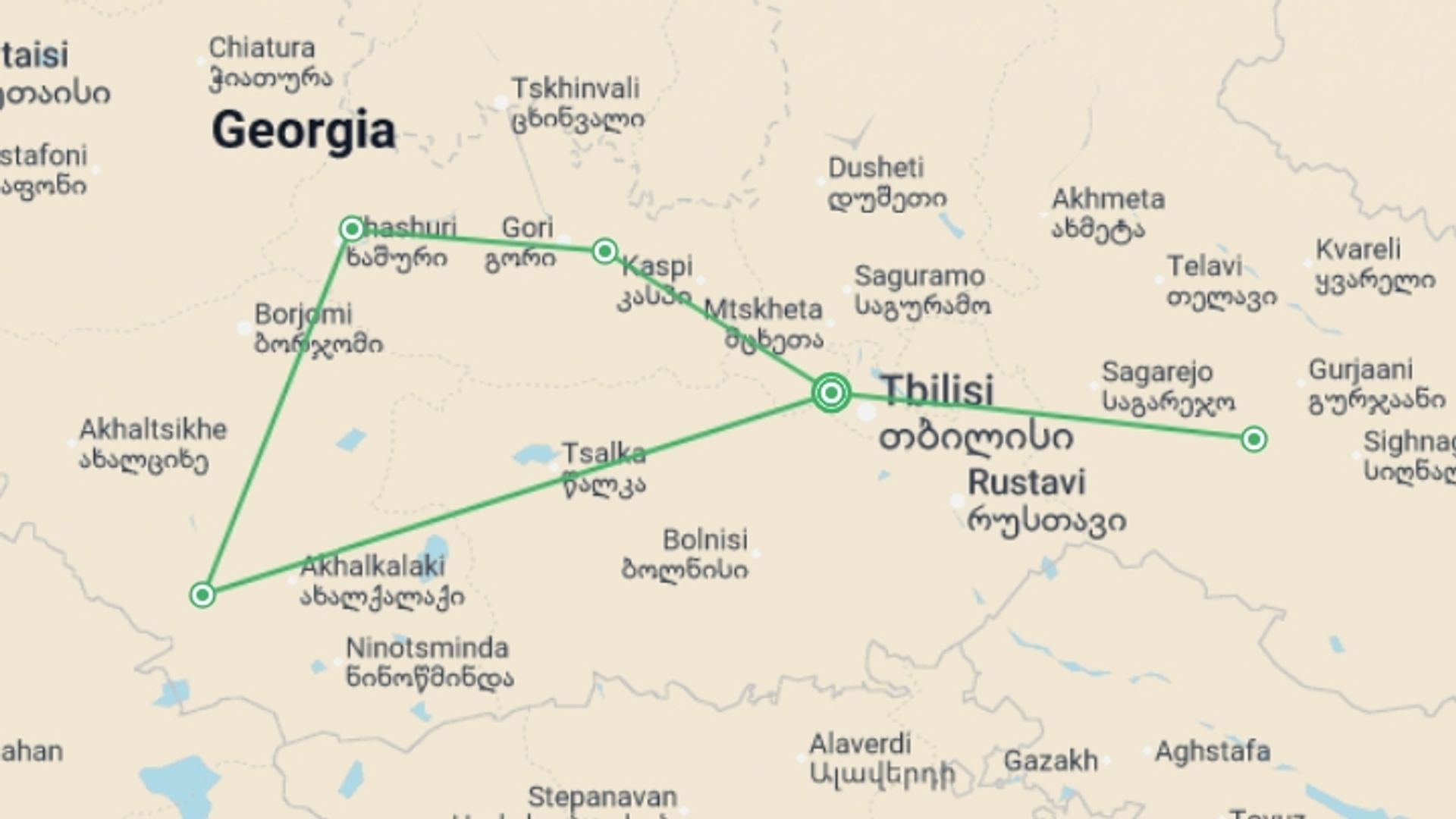 A map showing the tour itinerary for the trip: Cycling in Georgia, starting in Tbilisi, Georgia and ending in Tbilisi, Georgia going through 4 other destinations.
