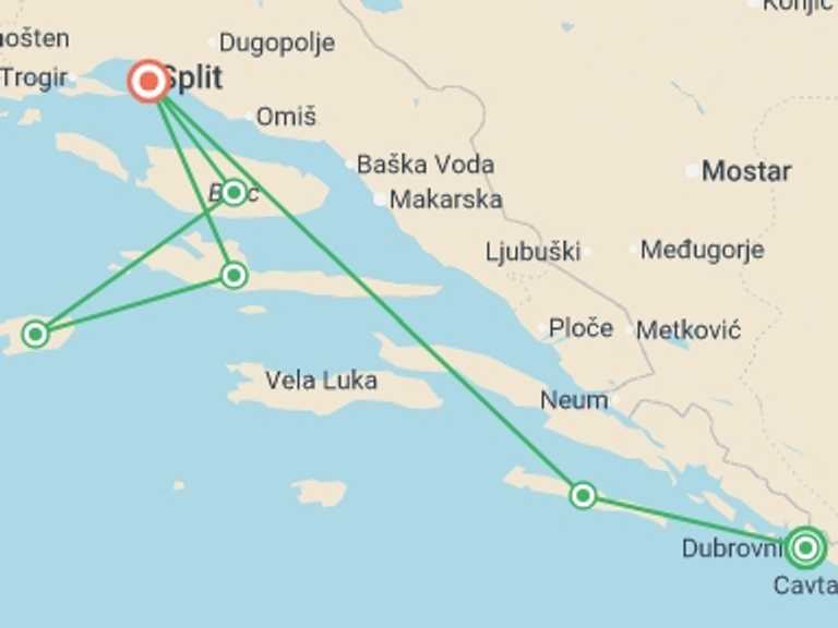 Map of Croatia Sailing, yachting and motor boating Tour with 6 destination visits for the trip: Croatia Sailing Adventure: Dubrovnik to Split