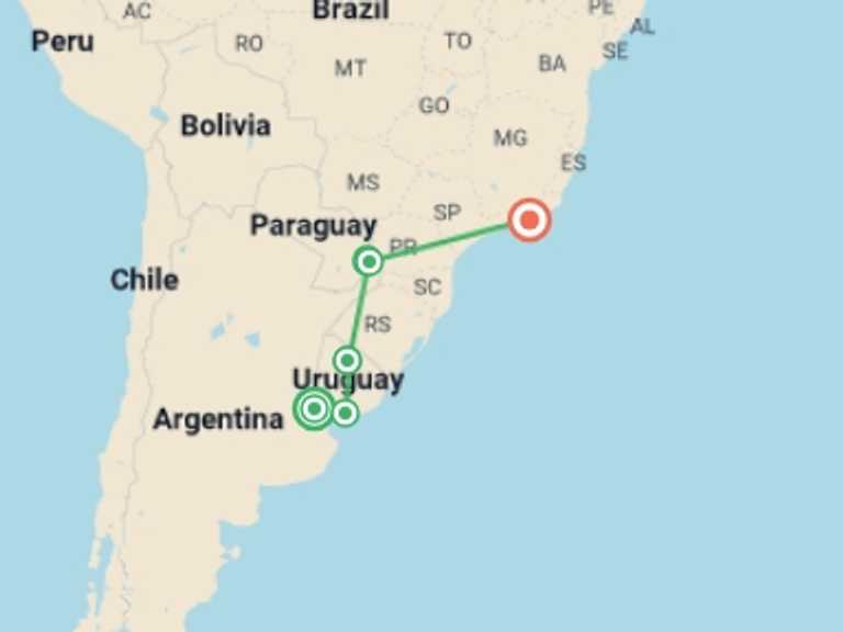Map itinerary of Iguazu Falls Tour in February 2027 with 6 destination visits for the trip: Best of Argentina, Uruguay & Brazil