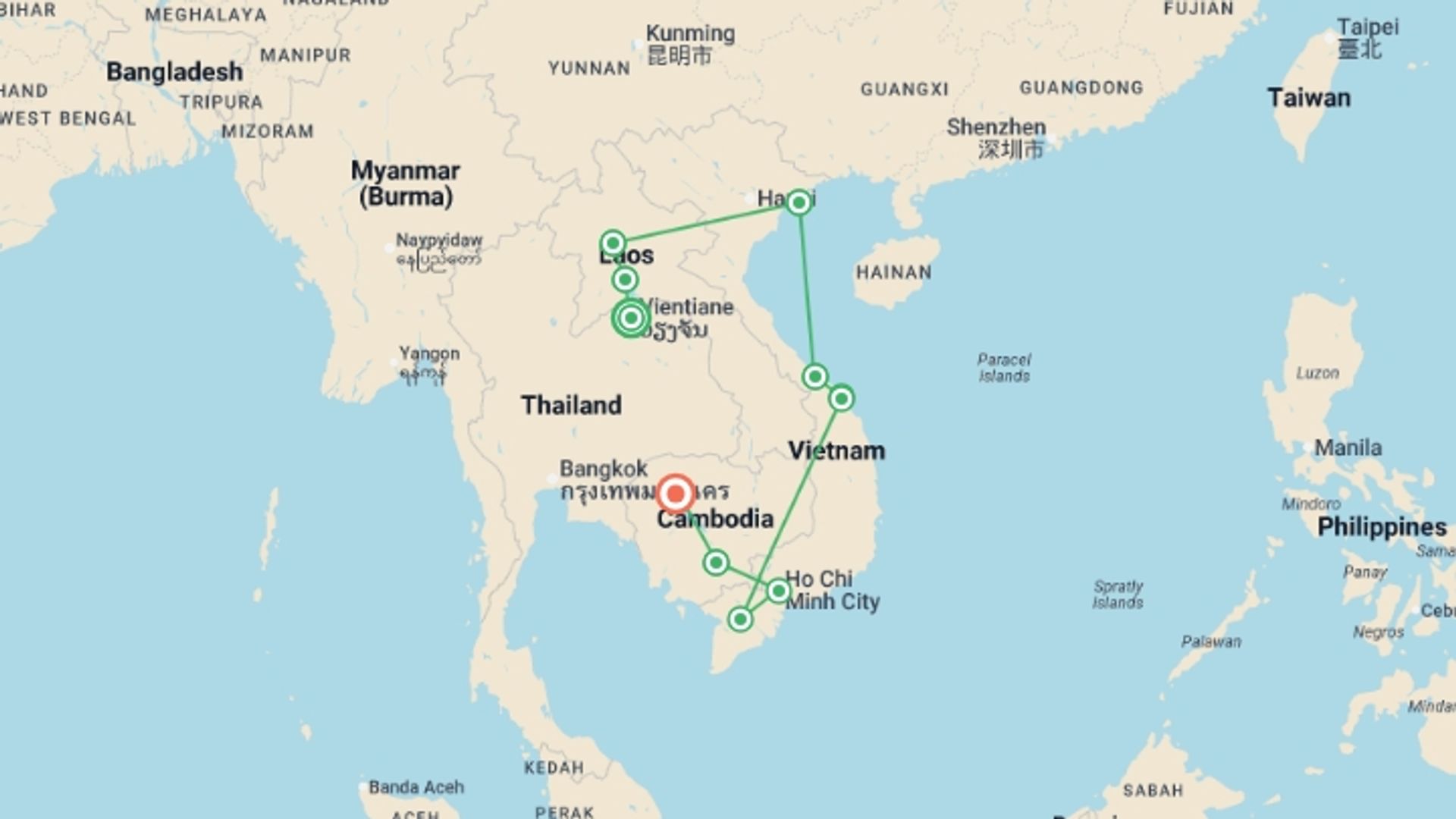 A map showing the tour itinerary for the trip: Inside Indochina - 20 days, starting in Vientiane, Laos and ending in Siem Reap, Cambodia going through 10 other destinations.