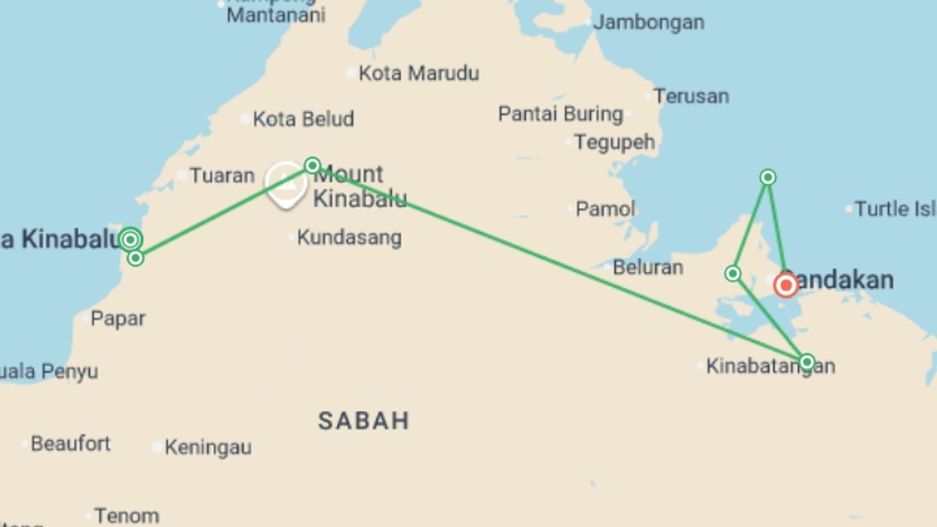 A map showing the tour itinerary for the trip: Sabah Adventure, starting in Kota Kinabalu, Malaysia and ending in Sandakan, Malaysia going through 5 other destinations.