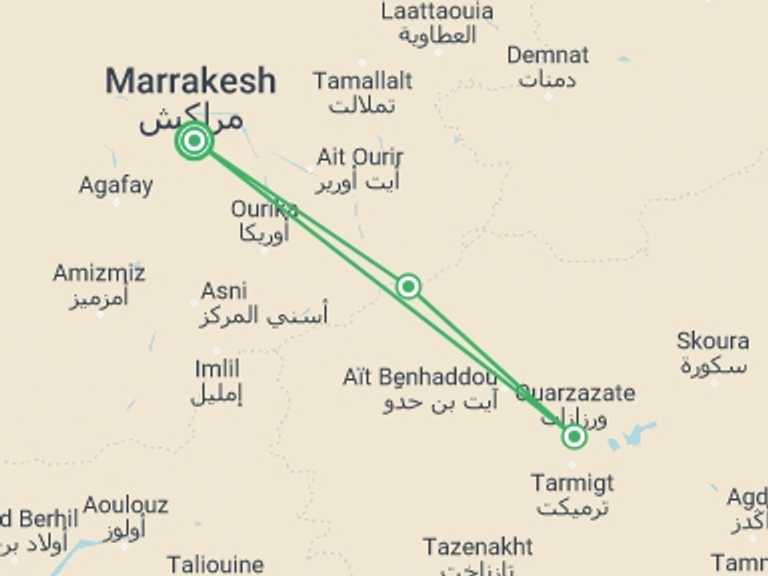 Map itinerary of Marrakech Tour in October 2026 with 2 destination visits for the trip: Ouarzazate Overnight, 4 Days, Private Tour