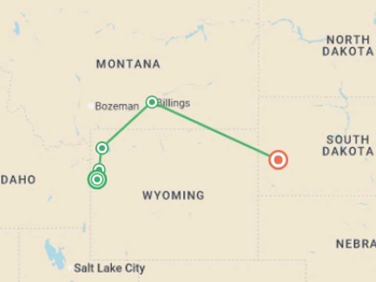 Map of 9-Day North America Tour with 6 destination visits for the trip: National Park Wonders