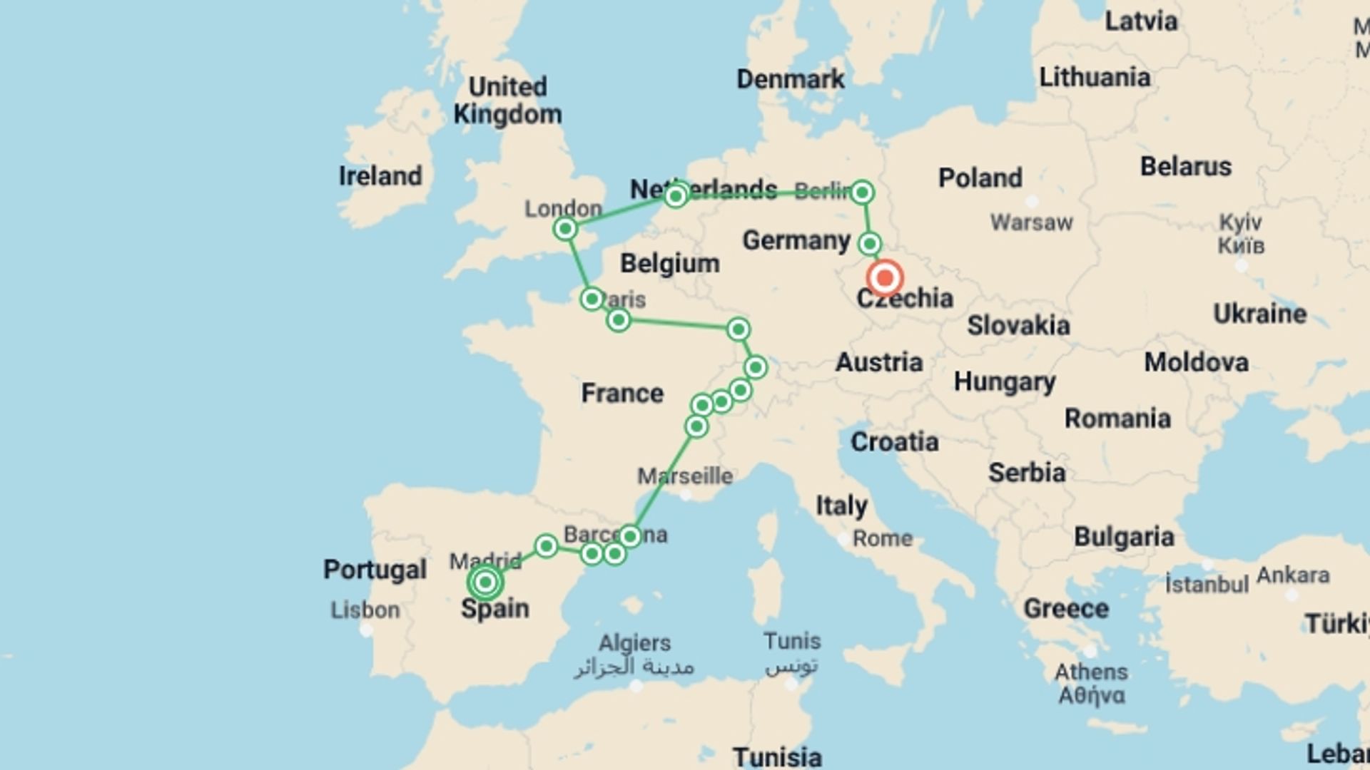 A map showing the tour itinerary for the trip: Treasures of Europe, starting in Madrid, Spain and ending in Prague, Czech Republic going through 4 other destinations.