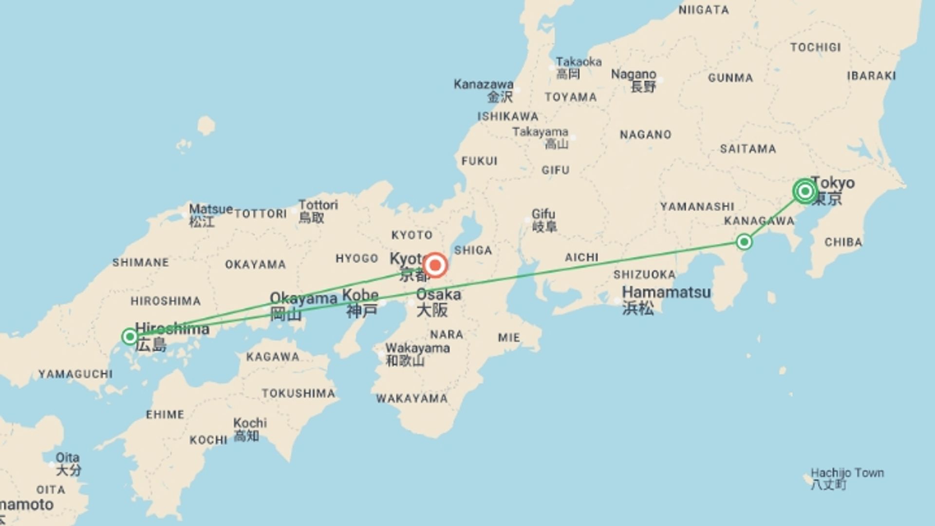 A map showing the tour itinerary for the trip: Japan Family Adventure - 12 days, starting in Tokyo, Japan and ending in Kyoto, Japan going through 2 other destinations.