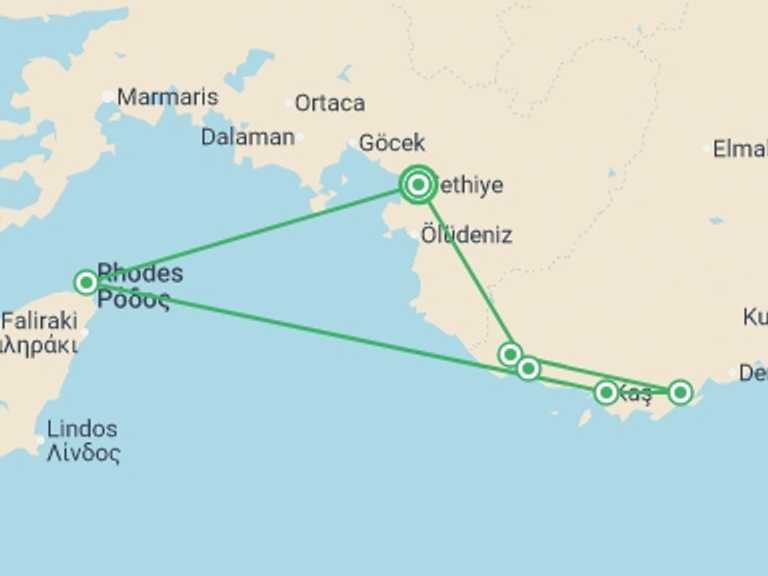 Map itinerary of Europe Tour in May 2026 with 6 destination visits for the trip: Turquoise Blue - Fethiye/Kekova/Fethiye