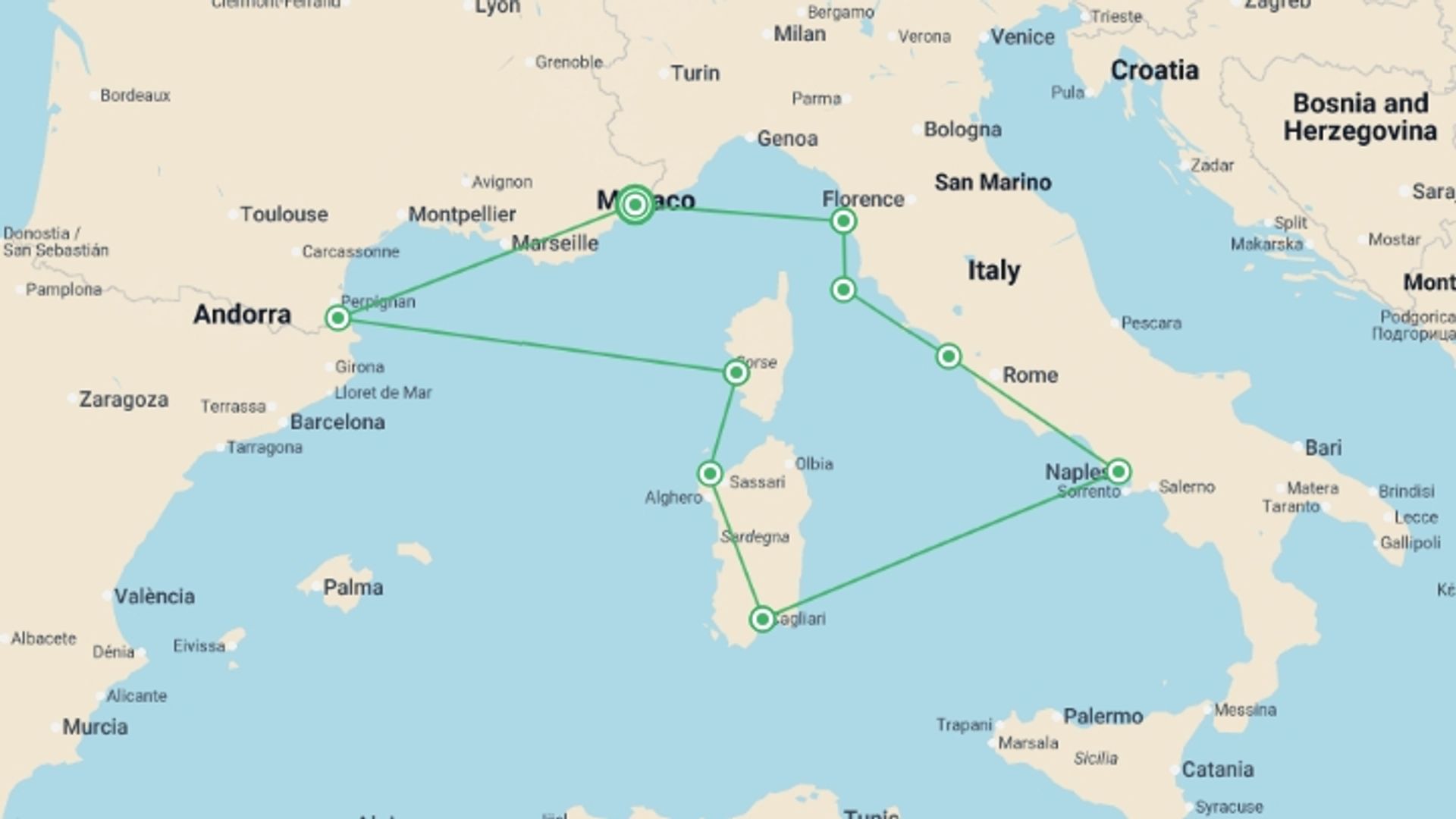 A map showing the tour itinerary for the trip: Mediterranean Arts & Splendours: Corsica, Sardinia and the scents of Italy - Exceptional stopovers from Napoleon to the Medici: Rome, Pisa, Naples, Castelsardo and Ajaccio (port-to-port package), starting in Nice, France and ending in Nice, France going through 8 other destinations.