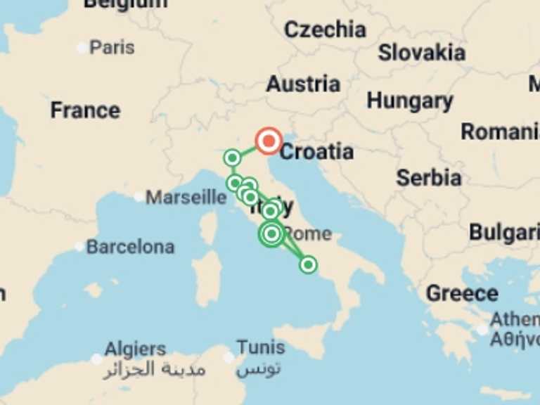 Map itinerary of Europe Tour in Spring with 9 destination visits for the trip: Country Roads of Italy, a Women-Only Tour