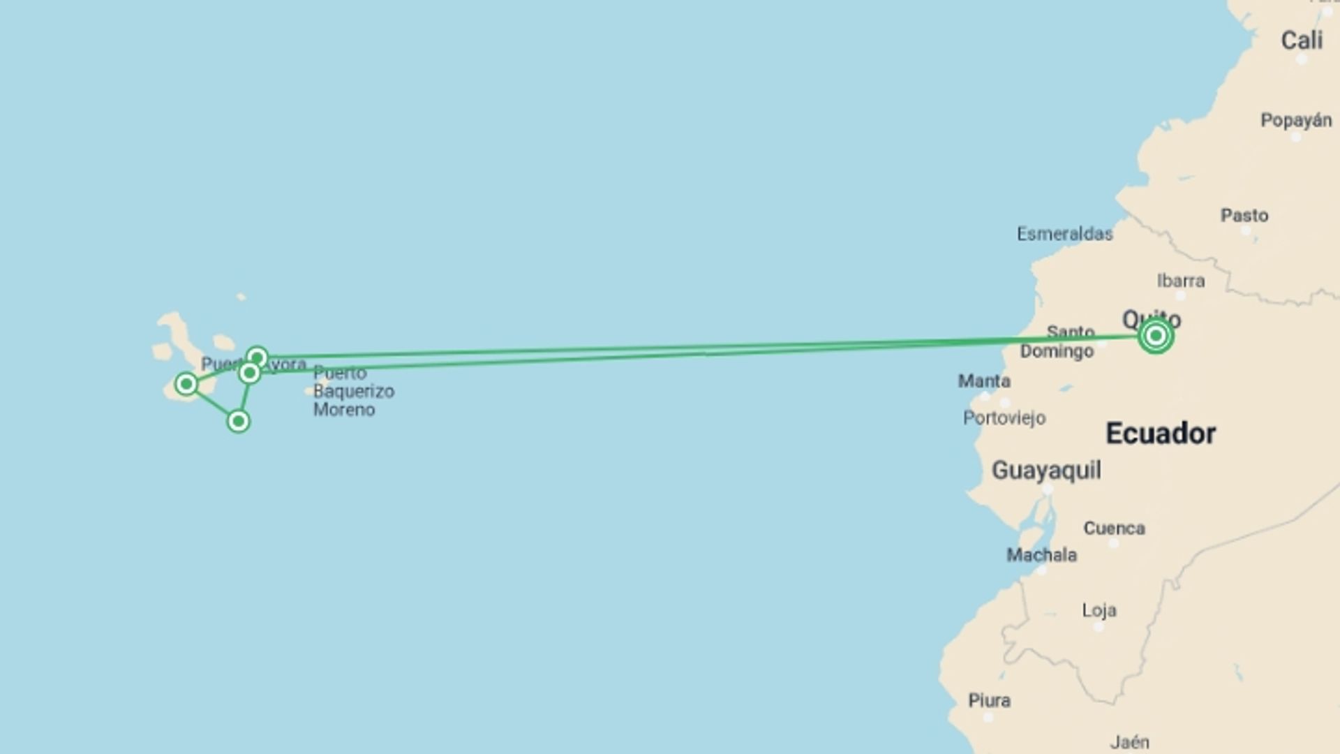 A map showing the tour itinerary for the trip: Galapagos Encounter: Southern Islands (Grand Queen Beatriz), starting in Quito, Ecuador and ending in Quito, Ecuador going through 4 other destinations.