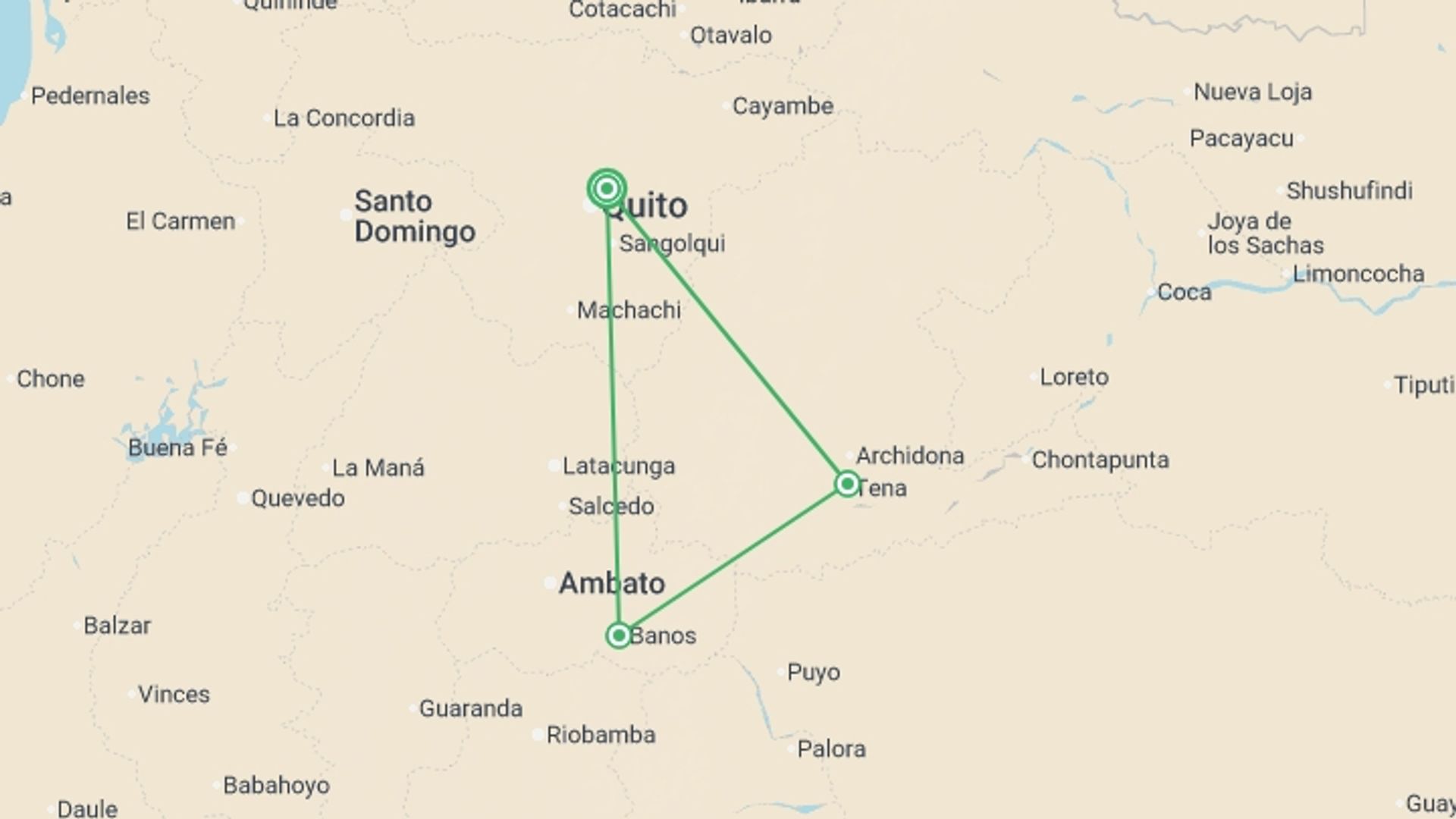 A map showing the tour itinerary for the trip: Ecuador in a Week, starting in Quito, Ecuador and ending in Quito, Ecuador going through 3 other destinations.
