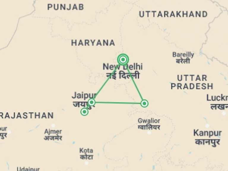 Map itinerary of India Tour in September 2027 with 5 destination visits for the trip: Golden Triangle
