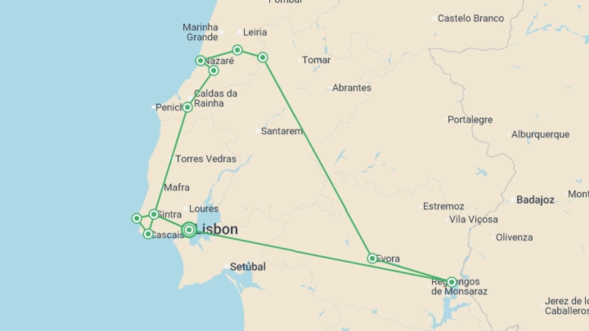 A map showing the tour itinerary for the trip: Wonders of Portugal, starting in Lisbon, Portugal and ending in Lisbon, Portugal going through 3 other destinations.