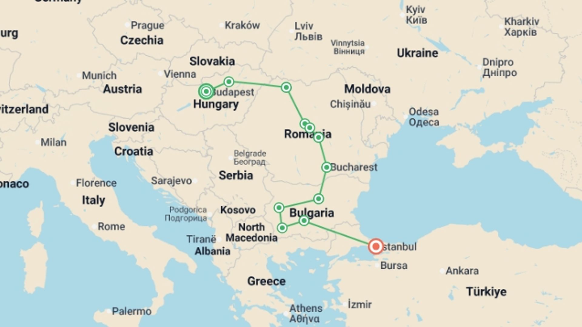 A map showing the tour itinerary for the trip: Eastern Europe Explorer, starting in Budapest, Hungary and ending in Istanbul, Turkey going through 10 other destinations.