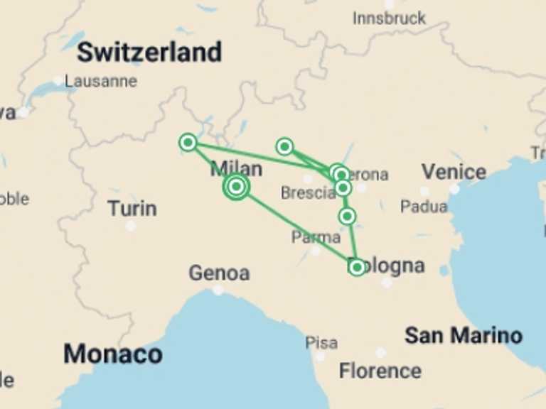 Map of Milan City sightseeing Tour with 7 destination visits for the trip: Northern Italian Lakes & Countryside