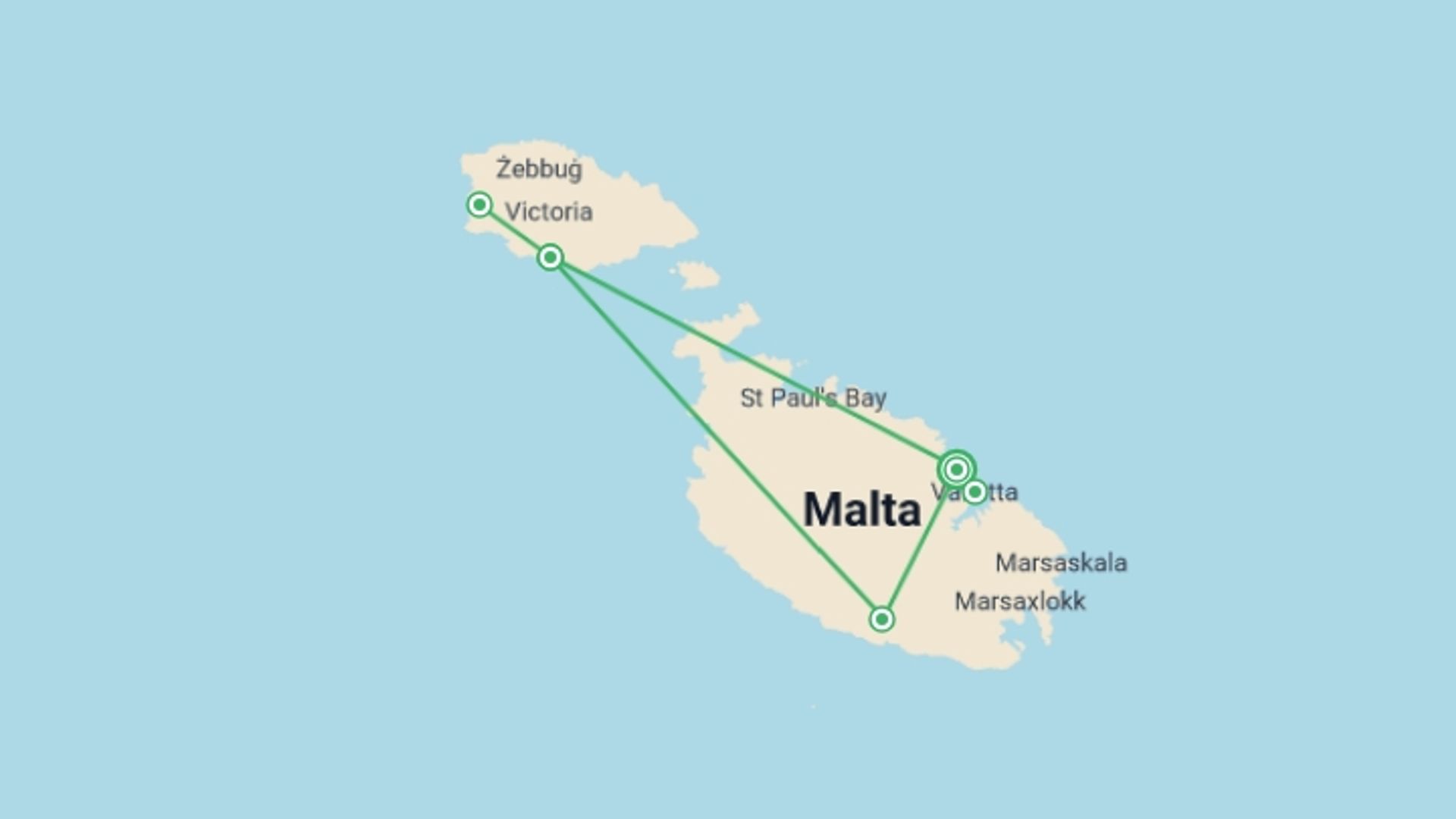 A map showing the tour itinerary for the trip: Malta Highlights, starting in Sliema, Malta and ending in Sliema, Malta going through 1 other destinations.