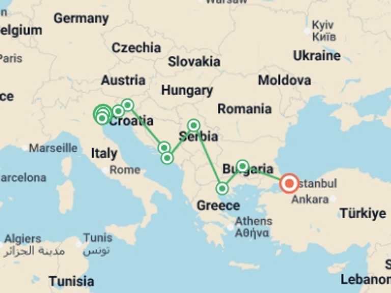 Map of Europe Tour with 10 destination visits for the trip: Cruise & Rail: Venice, Istanbul & the Balkans (2026)