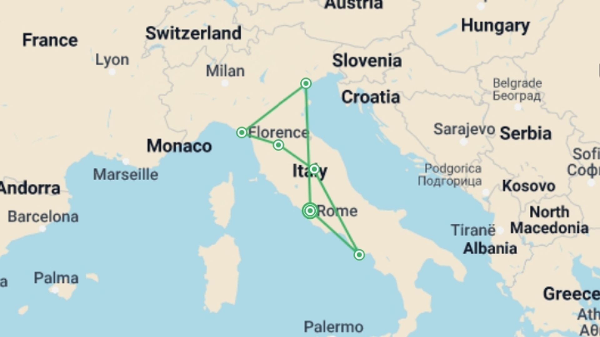 A map showing the tour itinerary for the trip: Delve Deep: Italy, starting in Rome, Italy and ending in Rome, Italy going through 5 other destinations.