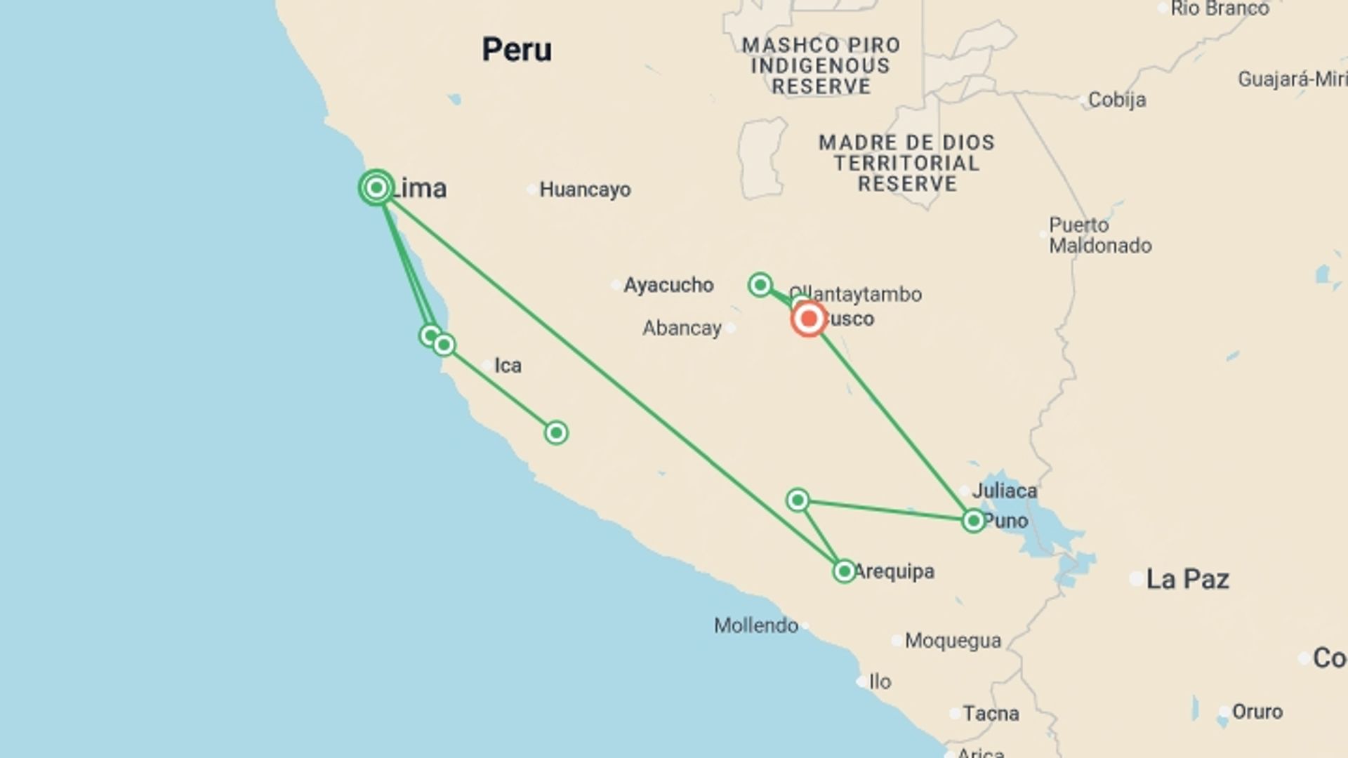 A map showing the tour itinerary for the trip: Mysterious Peru, Italian-speaking Guide, starting in Lima, Peru and ending in Cusco, Peru going through 6 other destinations.