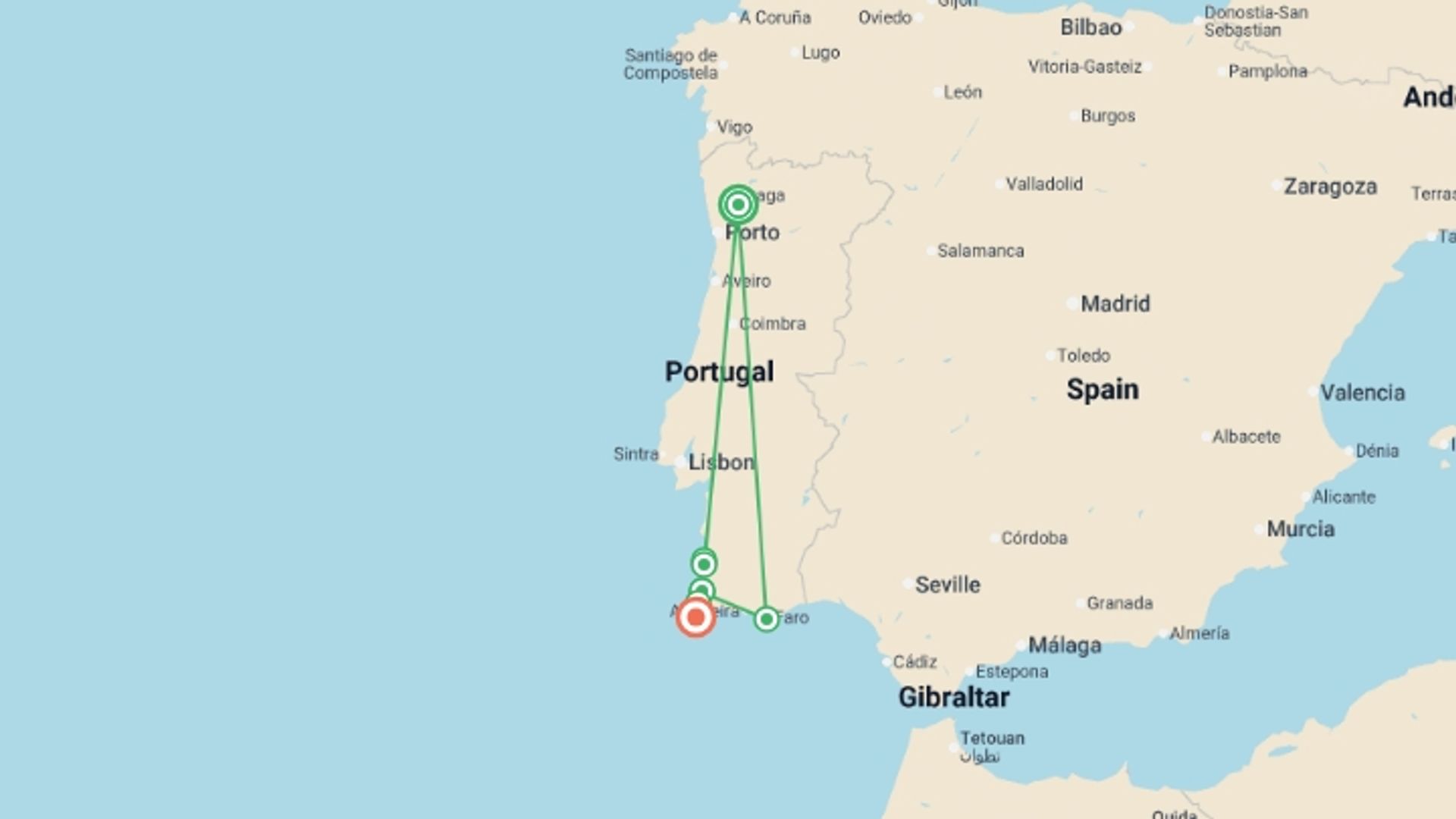 A map showing the tour itinerary for the trip: Walking Portugal's Wild Algarve, starting in Alentejo, Portugal and ending in Sagres, Portugal going through 2 other destinations.