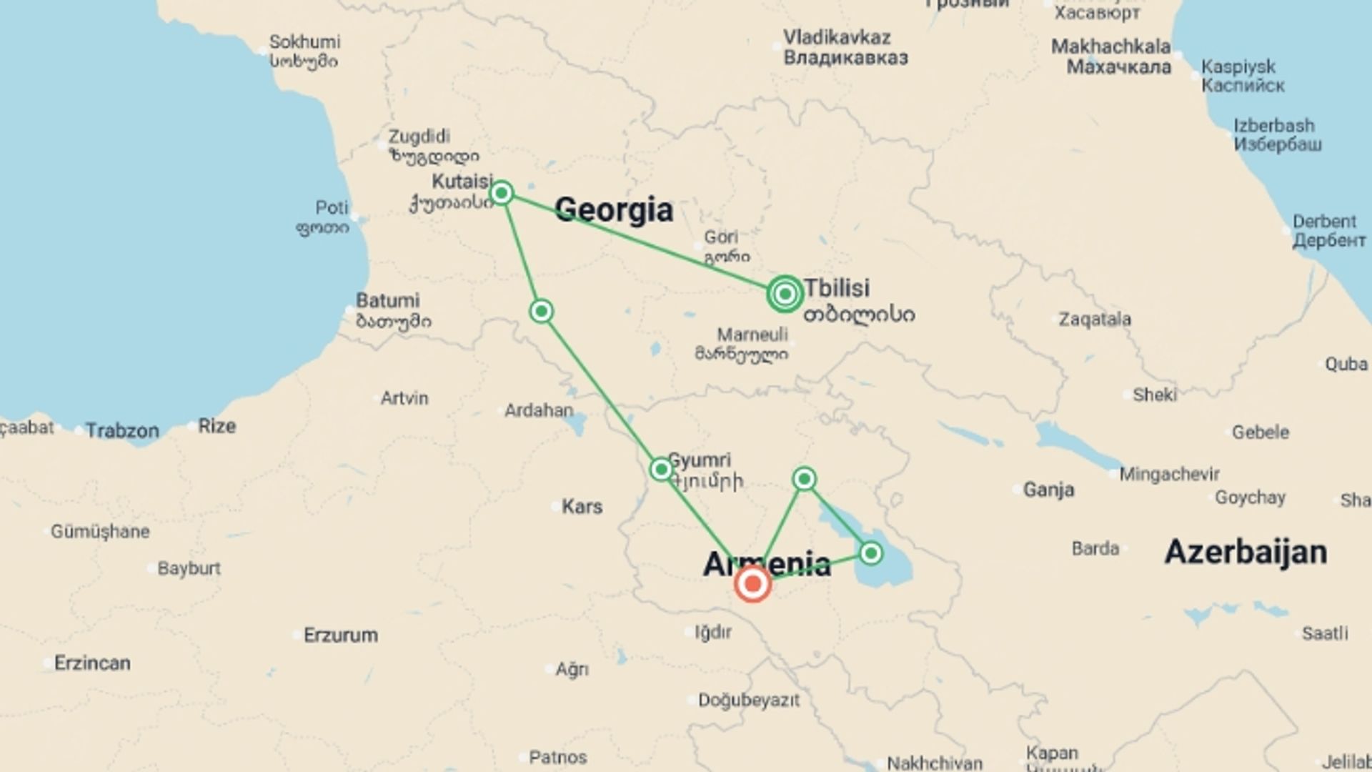 A map showing the tour itinerary for the trip: Georgia & Armenia Explorer, starting in Tbilisi, Georgia and ending in Yerevan, Armenia going through 5 other destinations.