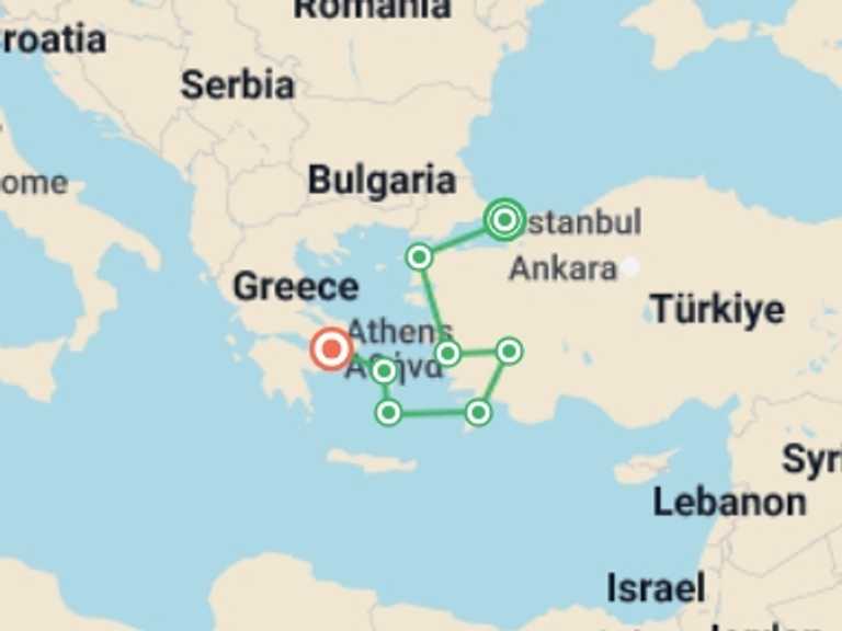 Map itinerary of Europe Tour in May 2026 with 8 destination visits for the trip: Istanbul to the Acropolis (5 Star) - 15 days
