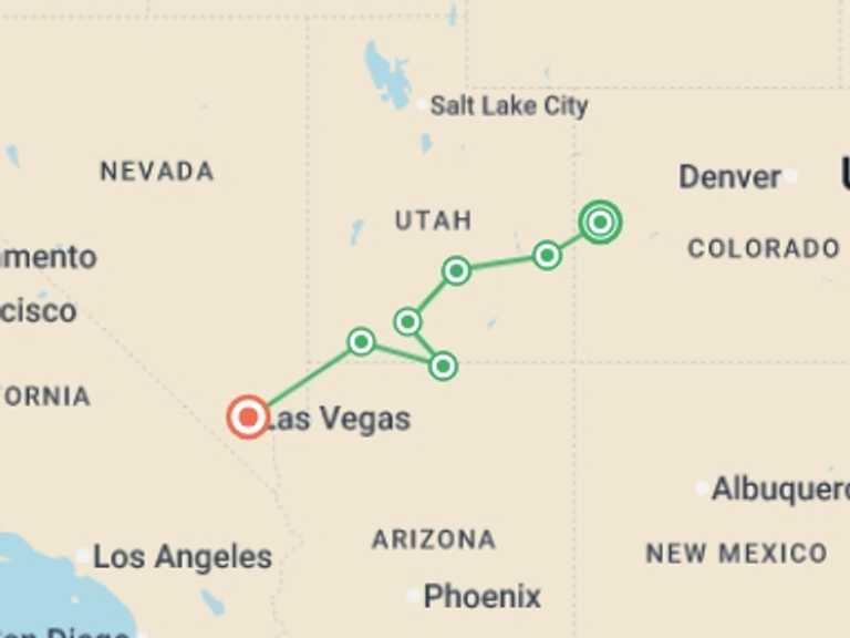 Map of North America Tour with 7 destination visits for the trip: Utah's Mighty Five National Parks