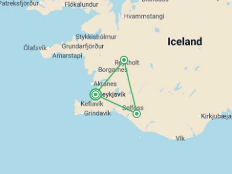 Map itinerary of Reykjavik Tour in Fall with 3 destination visits for the trip: Iceland: Waterfalls, Hot Springs & Hiking Volcanic Landscapes