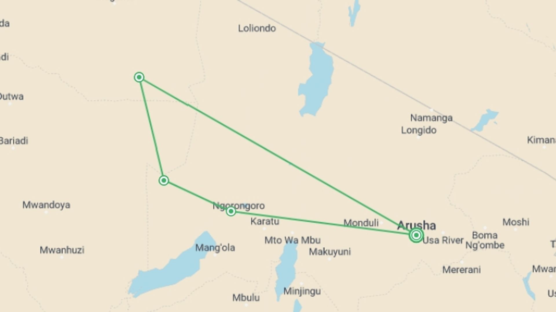 A map showing the tour itinerary for the trip: 6-DAY WILDEBEEST MIGRATION SAFARI, starting in Arusha, Tanzania and ending in Arusha, Tanzania going through 3 other destinations.