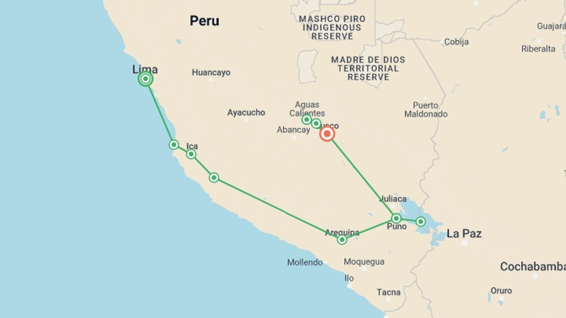 A map showing the tour itinerary for the trip: Lima to Machu Picchu Road Trip, starting in Lima, Peru and ending in Cusco, Peru going through 5 other destinations.