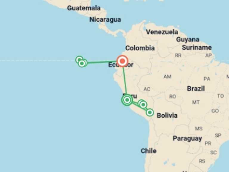 Map of South America Tour with 9 destination visits for the trip: Best of Peru & Galapagos