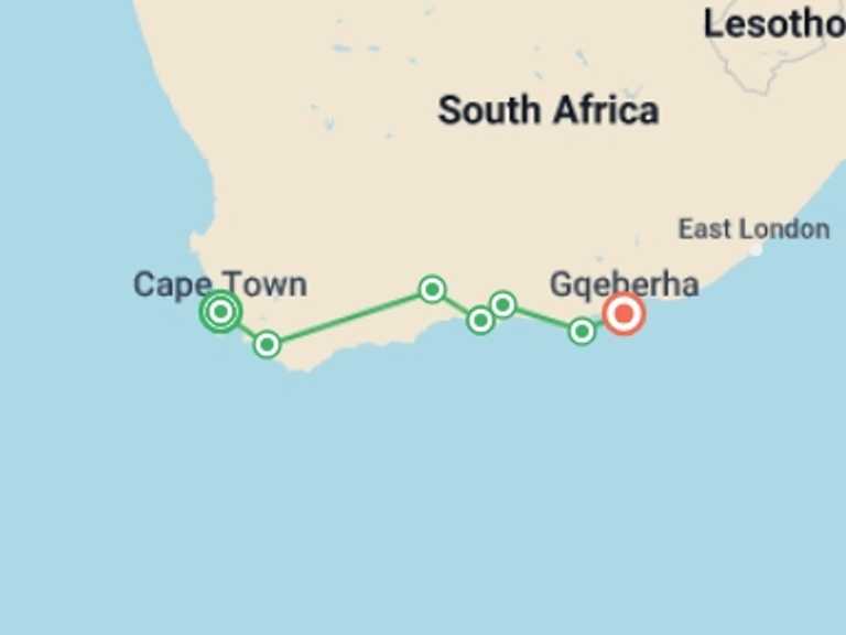 Map itinerary of Cape Town Tour in Winter with 7 destination visits for the trip: Cape Town And Garden Route