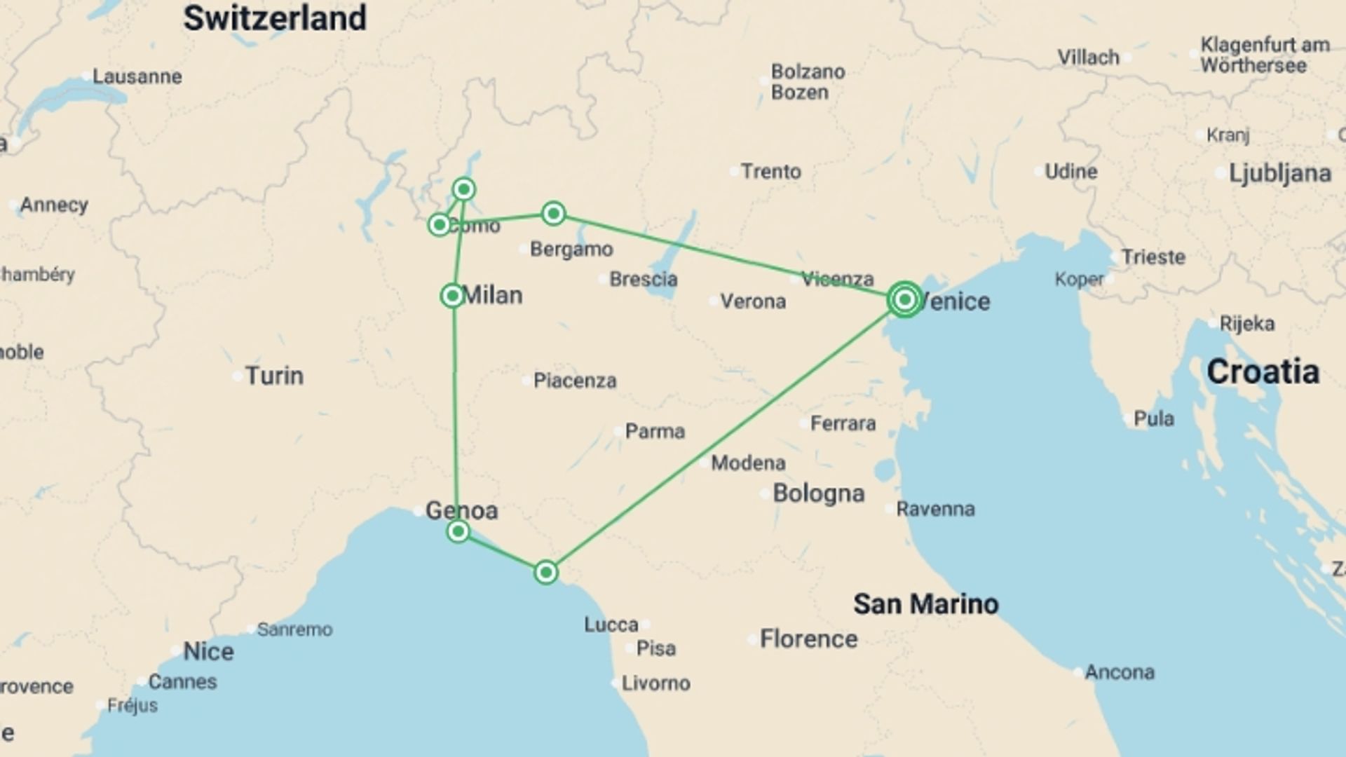 A map showing the tour itinerary for the trip: Northern Lakes, Milan & Cinque Terre with Bernina , starting in Venice, Italy and ending in Venice, Italy going through 3 other destinations.