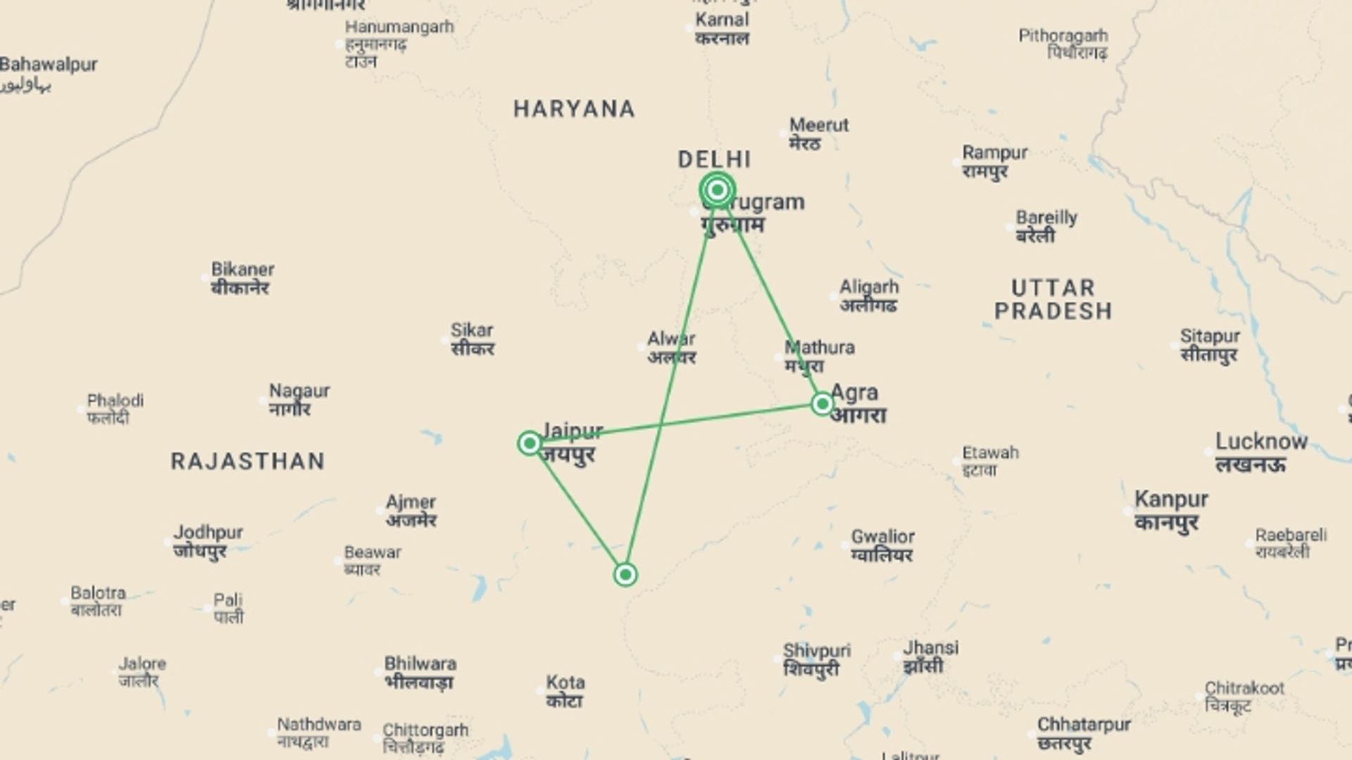 A map showing the tour itinerary for the trip: Classic India & Tigers - 7 days, starting in New Delhi, India and ending in New Delhi, India going through 3 other destinations.