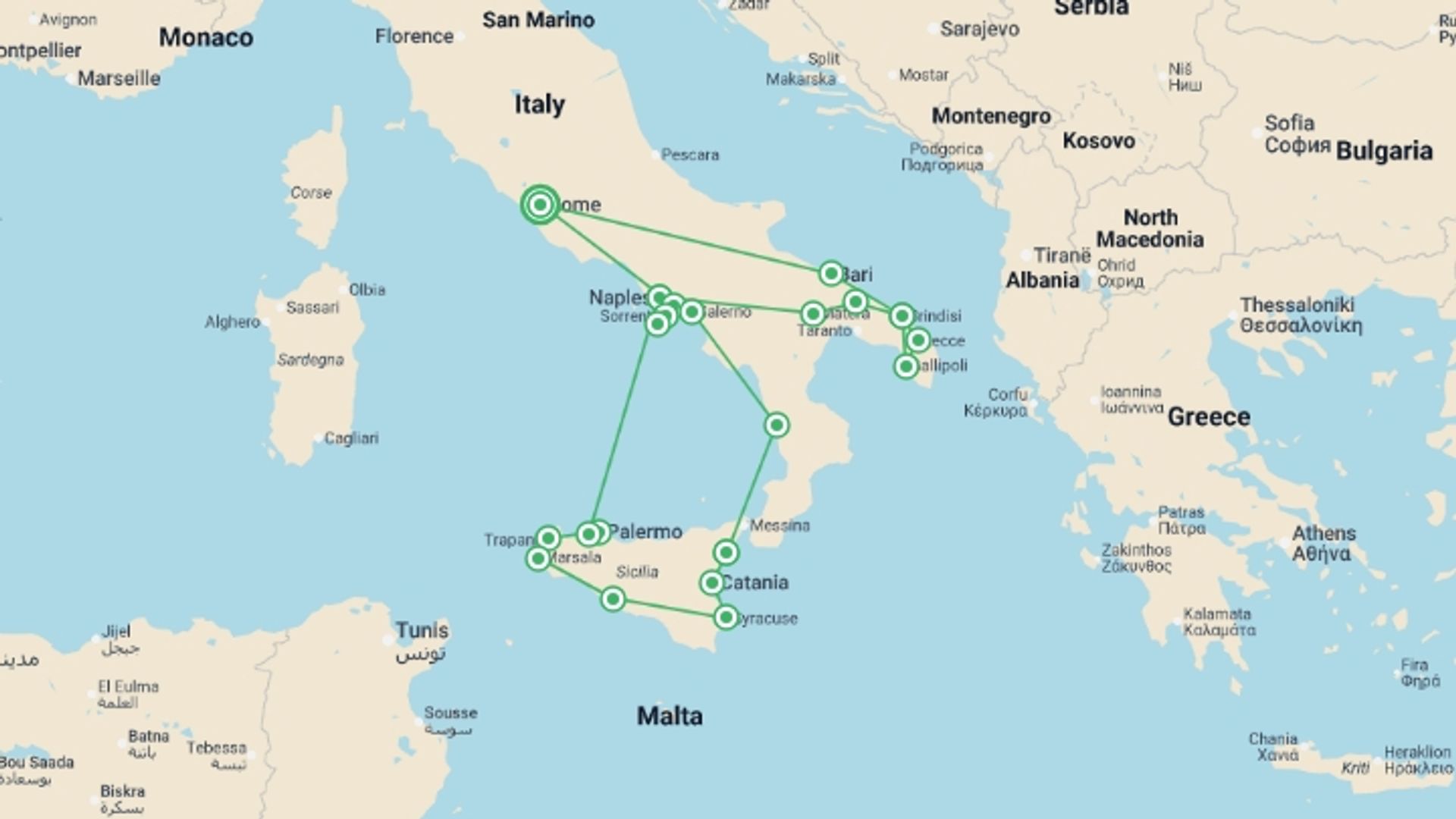 A map showing the tour itinerary for the trip: Beautiful Puglia, Southern Italy and Sicily, starting in Rome, Italy and ending in Rome, Italy going through 7 other destinations.