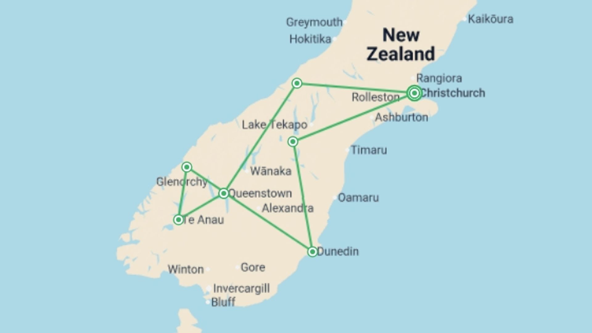 A map showing the tour itinerary for the trip: South Island Christmas Journey - 11 days, starting in Christchurch, New Zealand and ending in Christchurch, New Zealand going through 5 other destinations.