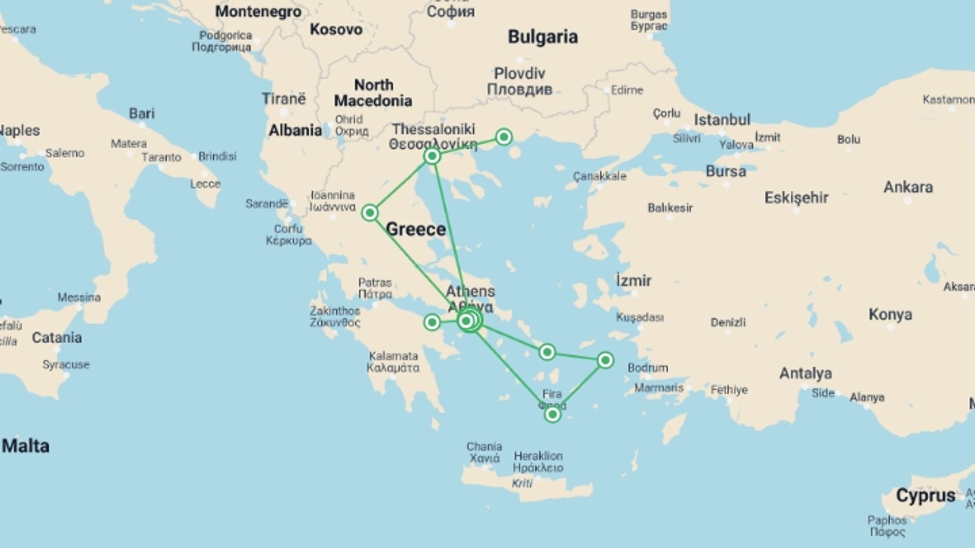 A map showing the tour itinerary for the trip: Greece: In the Footsteps of Paul the Apostle featuring a 3-night Greek Islands & Turkiye cruise, starting in Athens, Greece and ending in Athens, Greece going through 0 other destinations.