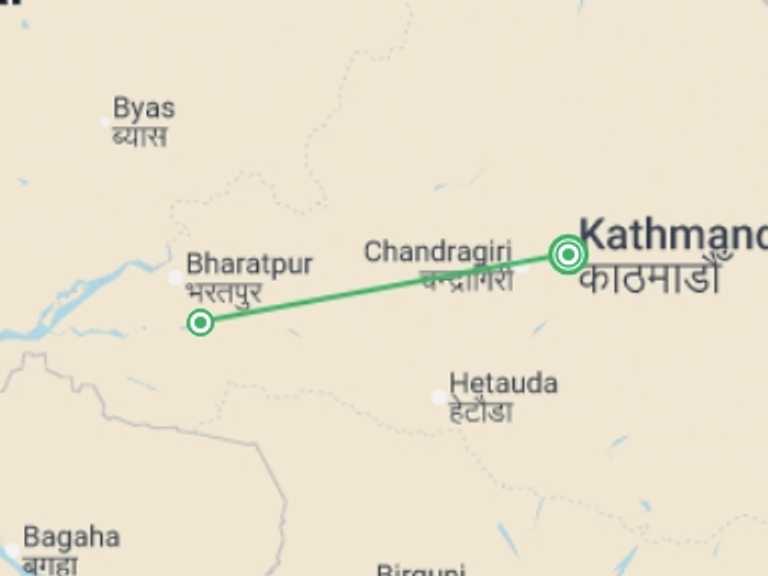 Map itinerary of Nepal Tour in Fall with 2 destination visits for the trip: Nepal Independent Short Break: Chitwan National Park