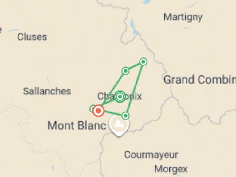 Map itinerary of France Tour in July 2026 with 7 destination visits for the trip: Highlights of Mont Blanc