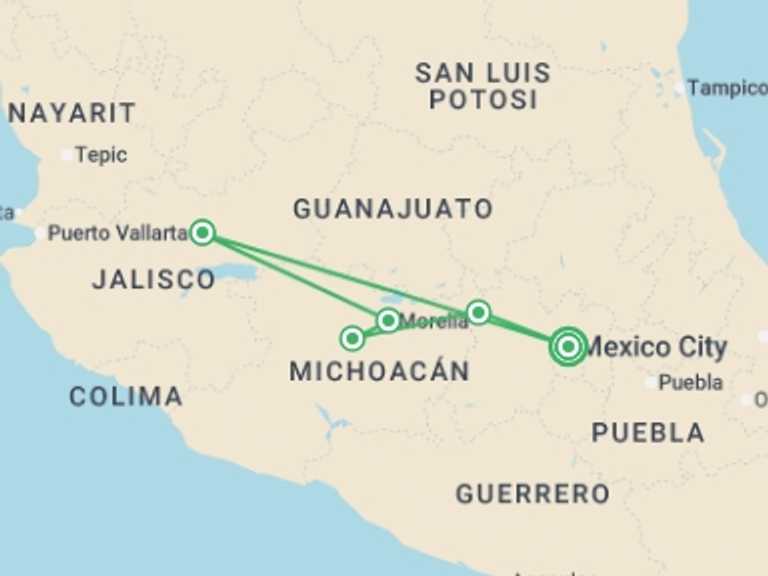 Map of a Art and architecture Tour with 3 destination visits for the trip: Capitals of Mexico