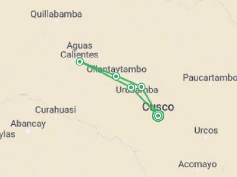 Map itinerary of Peru Tour in July 2027 with 7 destination visits for the trip: Cusco, Machu Picchu and Sacred Valley Tour