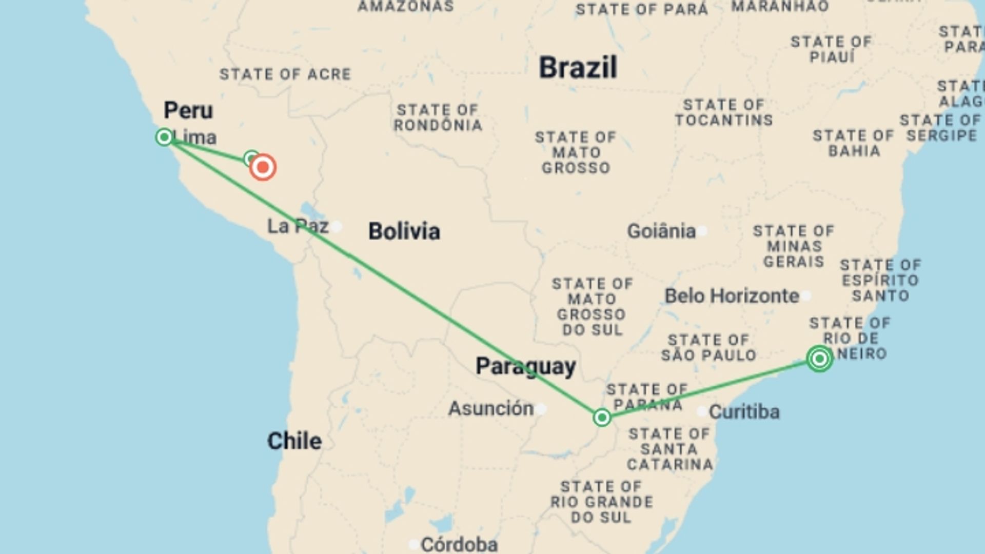 A map showing the tour itinerary for the trip: Essential Brazil And Peru, starting in Rio de Janeiro, Brazil and ending in Cusco, Peru going through 4 other destinations.