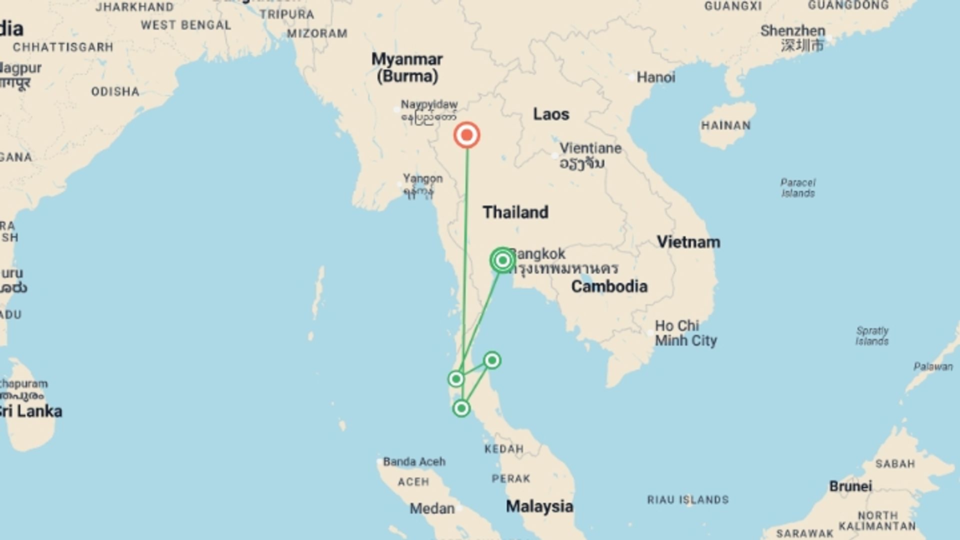 A map showing the tour itinerary for the trip: Thai Intro 18 day, starting in Bangkok, Thailand and ending in Chiang Mai, Thailand going through 4 other destinations.