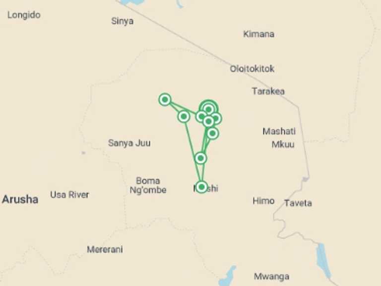 Map itinerary of Moshi Tour in July 2027 with 11 destination visits for the trip: Kilimanjaro Trek – Machame Route in 9 days