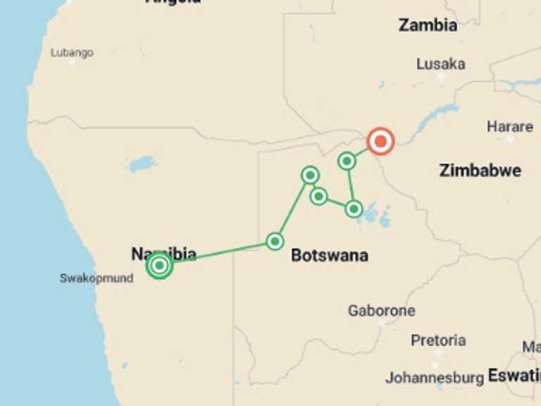 Map of Windhoek Wildlife Tour with 7 destination visits for the trip: Botswana Adventure