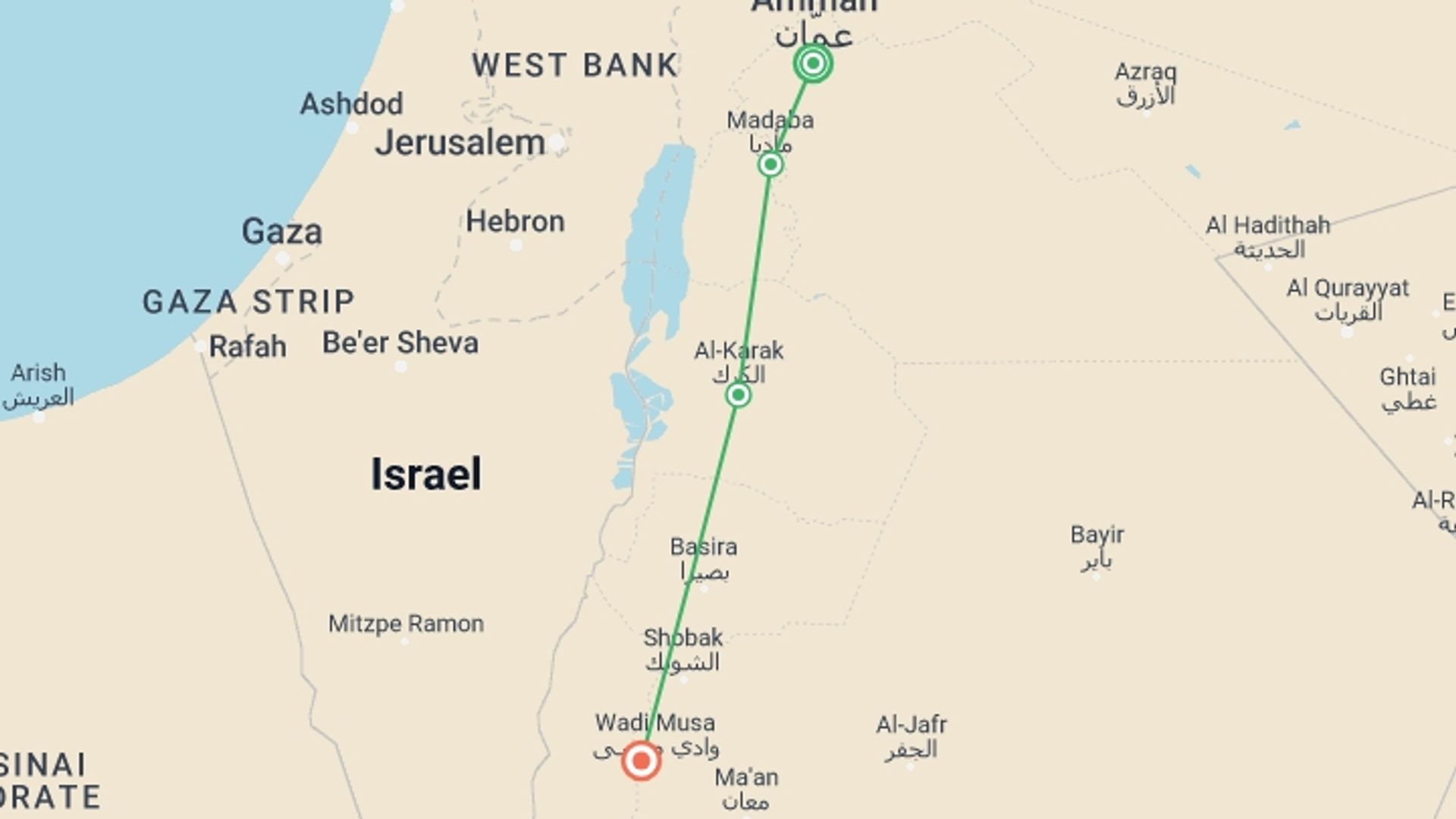 A map showing the tour itinerary for the trip: Jordan Highlights, starting in Amman, Jordan and ending in Petra, Jordan going through 1 other destinations.