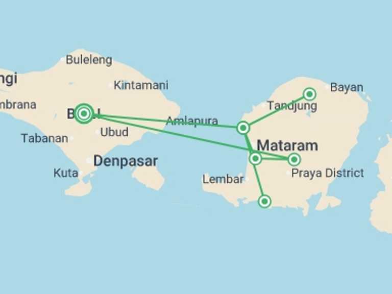 Map itinerary of Asia Tour in March 2027 with 4 destination visits for the trip: Explore Lombok, Private Tour