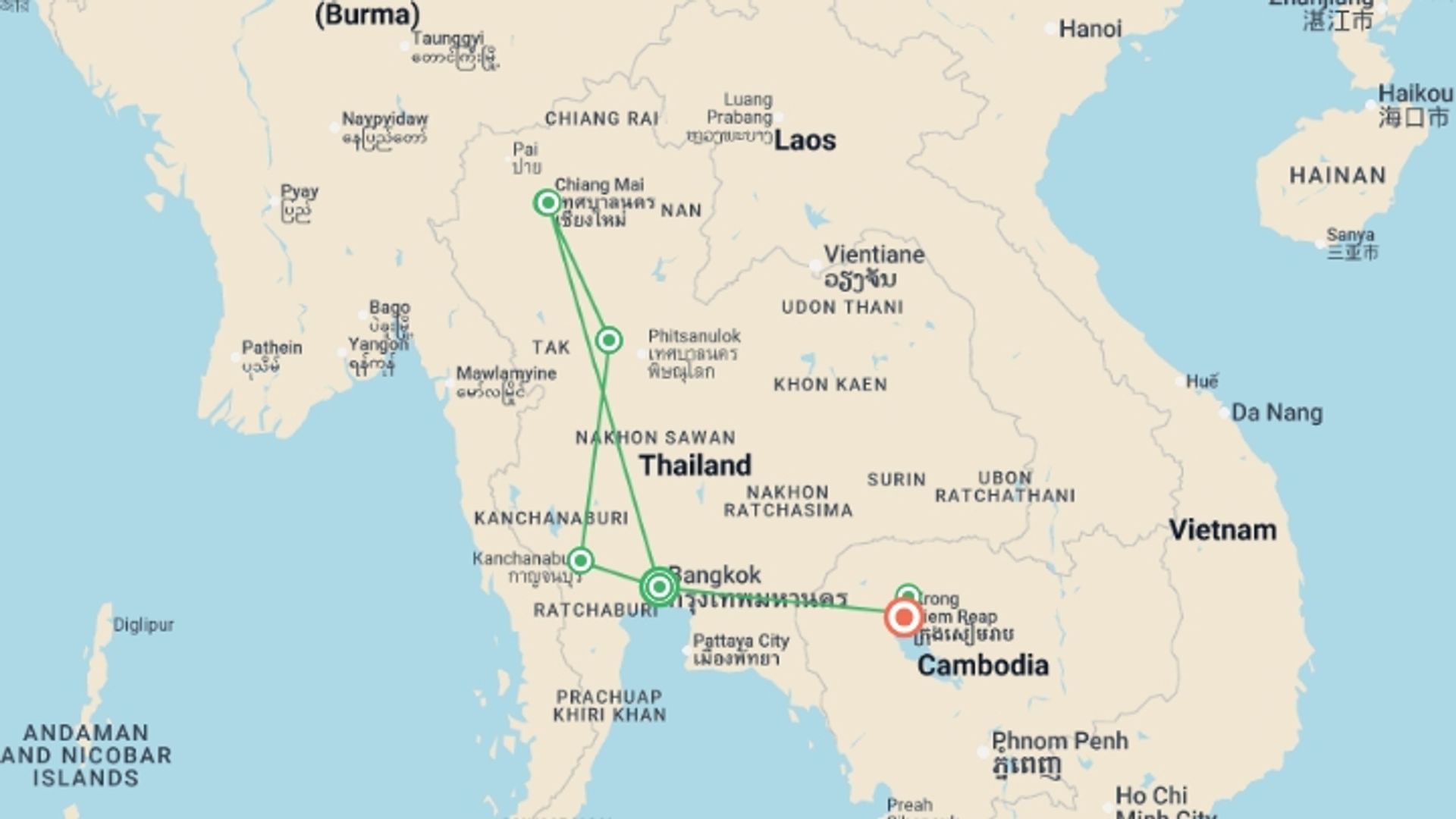 A map showing the tour itinerary for the trip: Thailand and the Temples of Angkor, starting in Bangkok, Thailand and ending in Siem Reap, Cambodia going through 6 other destinations.