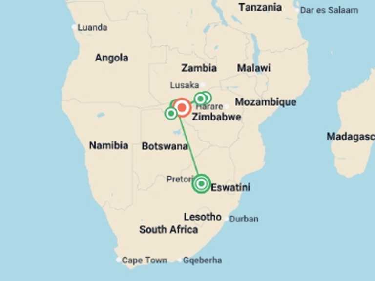 Map itinerary of Africa Tour in December 2026 with 7 destination visits for the trip: Safari Cruise along the Zambezi River - South Africa, Botswana, Namibia, Zimbabwe (port-to-port cruise)