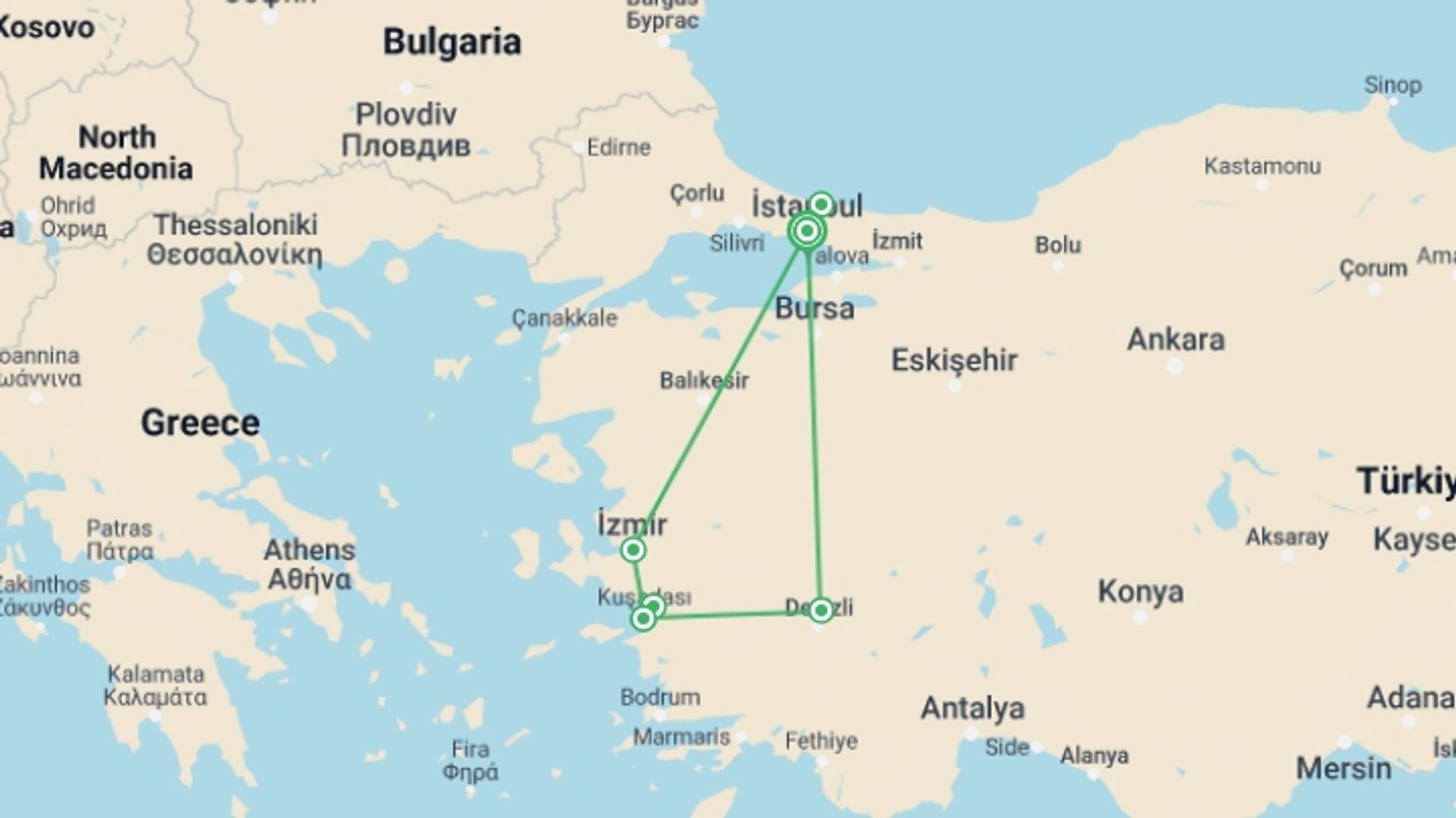 A map showing the tour itinerary for the trip: Jewels of Turkey: 6 Days, starting in Istanbul, Turkey and ending in Istanbul, Turkey going through 3 other destinations.