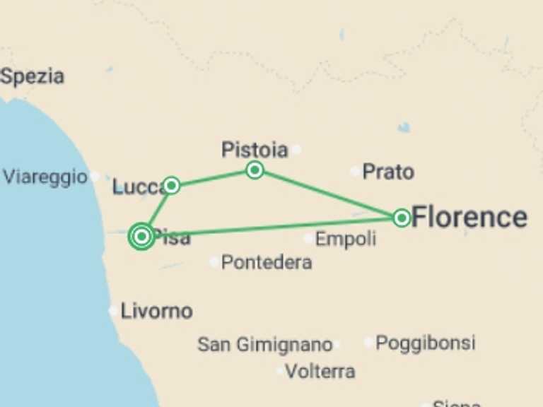 Map itinerary of Mediterranean Tour in July 2026 with 4 destination visits for the trip: Cycle Pisa to Florence